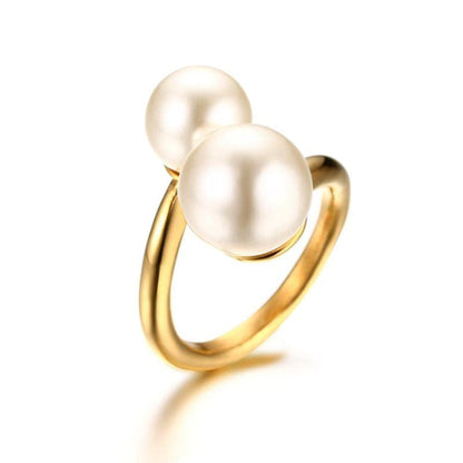 Hisatan Double Simulated Pearl Wrap Ring: gold plated Stainless Steel Large Statement Ring for Women - color: Gold-Size 6
