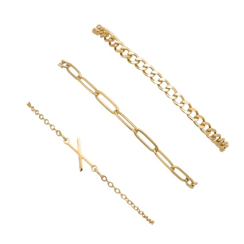3PCS Gold Bracelet Set for Women, 14K Gold Plated Initial Letter Jewelry, Layered Paperclip and Cuban Chain Stack, Adjustable Stainless Steel Gift - style: Initial-X