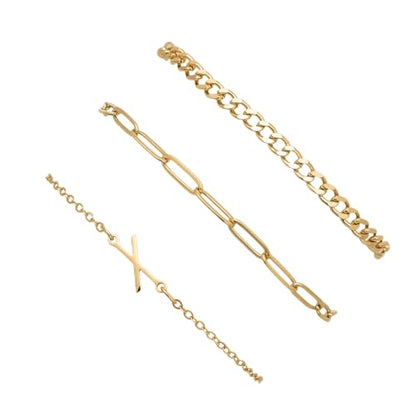3PCS Gold Bracelet Set for Women, 14K Gold Plated Initial Letter Jewelry, Layered Paperclip and Cuban Chain Stack, Adjustable Stainless Steel Gift - style: Initial-X