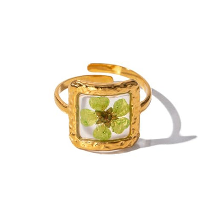 Hebelee Handmade Dried Flower Statement Ring for Women | Gold-Toned Stainless Steel,Adjustable,Pressed Blossom Forget-Me-Not Flowers Open Band Rings,Wedding Holiday Jewelry - color: Square Green