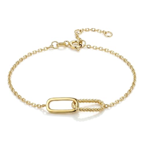 Dainty Lucky Four Leaf Clover Bracelets for Women, Trendy 14K Gold Plated Hypoallergeni Cubic Zirconia Bracelets Cute Paperclip Interlocking Adjustable Chain - color: Gold Paperclip Bracelet