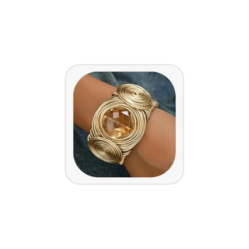 Chunky Cuff Bracelets for Women Wide Gold/Silver Cuffs Bangle Hollow Out Adjustable Bracelets Punk Vintage Jewelry - style: Gold Crystal