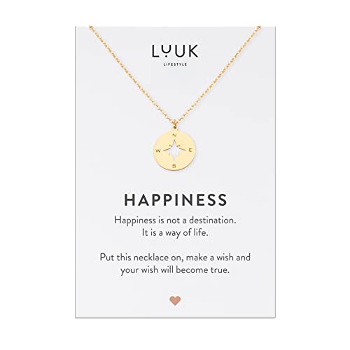 LUUK LIFESTYLE Stainless steel necklace with pendant and HAPPINESS card, 20” adjustable length, lucky charm, friendship chain, Valentine's Day gift, birthday, women's jewelry, silver, gold, rosegold - color: Gold, size: Compass