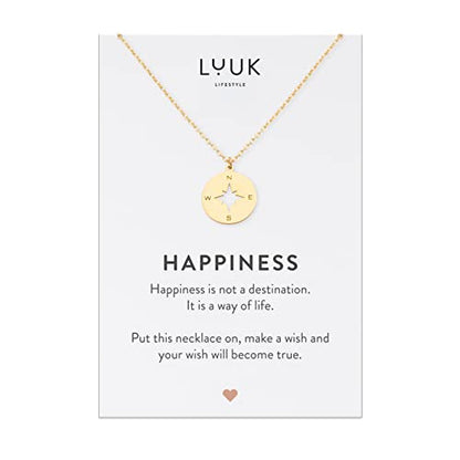 LUUK LIFESTYLE Stainless steel necklace with pendant and HAPPINESS card, 20” adjustable length, lucky charm, friendship chain, Valentine's Day gift, birthday, women's jewelry, silver, gold, rosegold - color: Gold, size: Compass