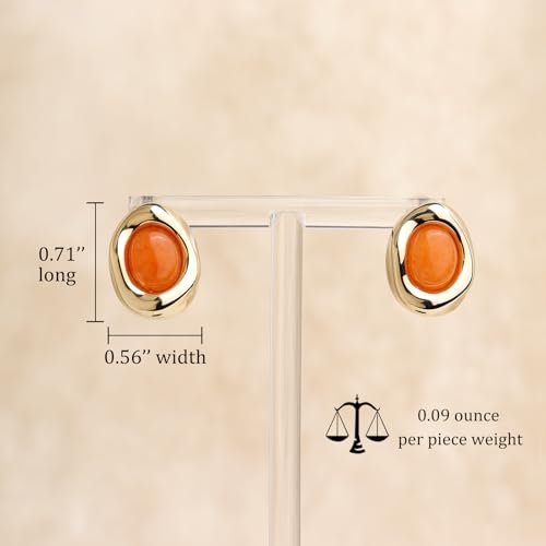 Jean Beau Chunky Gold Stone Stud Earrings for Women, Trendy Natural Gemstone Hypoallergenic Earing Valentine Jewelry Gift - color: Tangerine