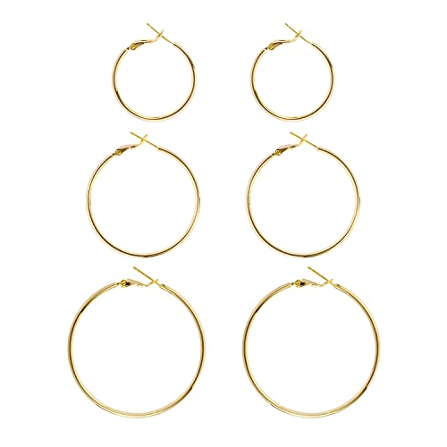 DAILY VIBES Simple Big Thin Hoop Earrings for Women Trendy, 3 Pairs | 925 Sterling Silver Post Large Hoops, 14K Gold or Silver Plated Loop, Hypoallergenic Hoop Earrings Set - color: Gold, size: 30-40-50mm