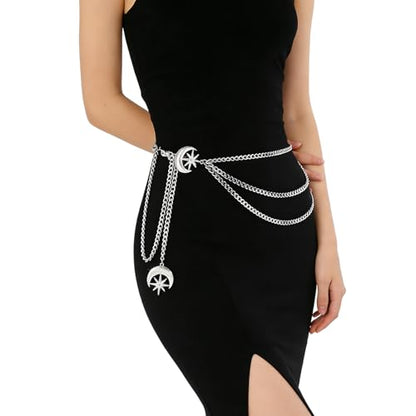3 Layered Metal Waist Chain Belt for Women Moon & Sun Belly Belt Body Chain Jewelry for Dress Jeans - color: Silver-Rhinestone
