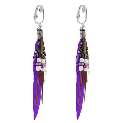 Aloha Earrings-Clip On Real Feather Earrings-Dangle Clip On Earrings Tassel Long Clip Earrings Bohemian - color: Purple Feathers