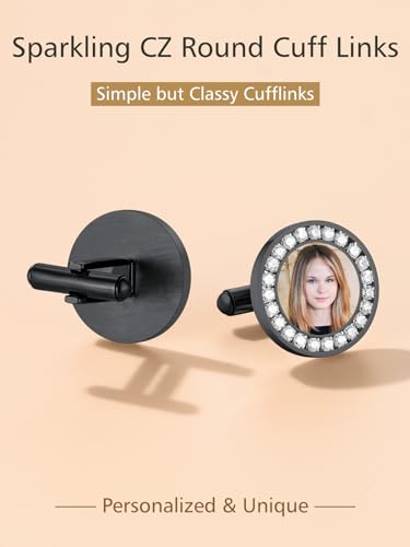 FindChic Stainless Steel Round Cufflinks with Custom Text/Picture/Monogram Letters 18K Gold Plated/Black Color for Men Groom Suits Shirts, with Gift Box - style: 02. CZ custom photo-round (black)