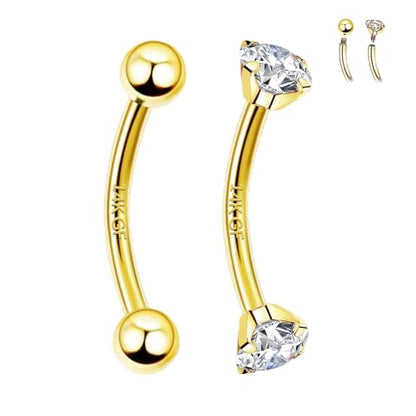 2 Pcs 14k Gold Filled Eyebrow Rings, 16G Threaded Rook Piercing Jewelry, Surgical Steel Vertical Lip Labret Belly Tongue Ring Daith Earring Curved Barbells - color: 10mm-2pcs