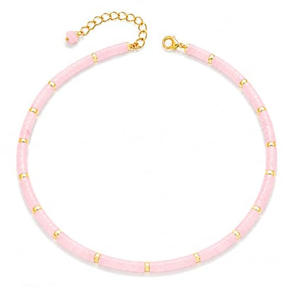 Natural Heishi Gemstone Choker Necklace for Women, Adjustable 15"+2" Beaded Layering Necklace, Coastal Beach Jewelry Gift for Her - color: Rose Quartz (Light Color)