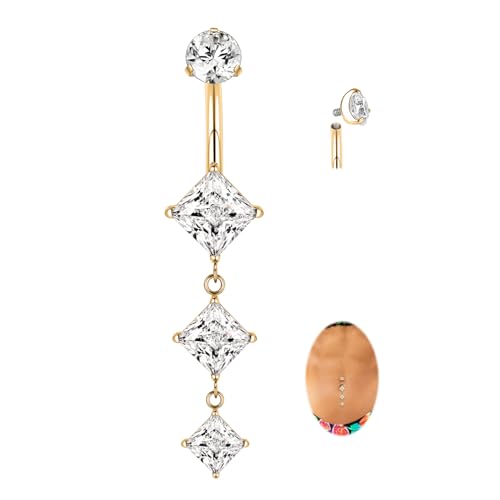 FUNLMO Dangle Belly Button Ring Titanium Belly Rings Belly Button Piercing Cube Zircon Internally Threaded Floating Navel Piercing Jewelry 14G 10mm - color: Gold,Clear CZ