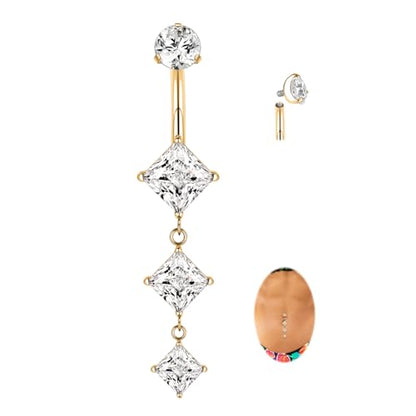 FUNLMO Dangle Belly Button Ring Titanium Belly Rings Belly Button Piercing Cube Zircon Internally Threaded Floating Navel Piercing Jewelry 14G 10mm - color: Gold,Clear CZ
