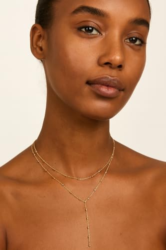 14K Gold Plated Y Necklace for Women – Dainty Lariat Long Pendant Chain, Layered Drop Necklace for V Neck Dress, Simple Sexy Cleavage Jewelry Gifts for Women - color: Gold - Double Layer - Bead