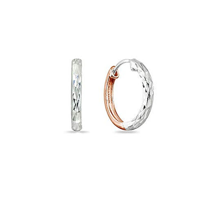 Sterling Silver 16mm Oval Small Hinged Huggie Hoop Earrings, Choose an Option - color: Diamond Cut - 2-Tone Rose