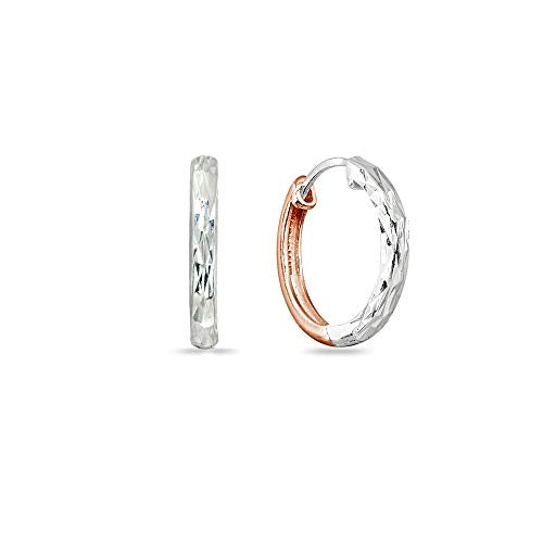 Sterling Silver 16mm Oval Small Hinged Huggie Hoop Earrings, Choose an Option - color: Diamond Cut - 2-Tone Rose