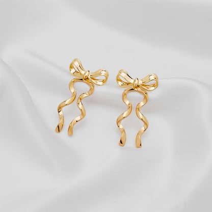 Gold Silver Bow Drop Earrings for Women Long Tassel Chain Bow Earrings Ribbon Bowknot Dangle Earrings Jewelry Gifts - color: Gold Bow D