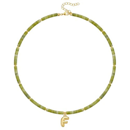 KELORIS PATH Beaded Initial Necklace for Women, 14K Gilded Plated Bubble Letter Pendant Natural Handmade Stone Choker Boho Colorful Summer Beach Jewelry Gift - color: Green Aventurine, style: Letter F