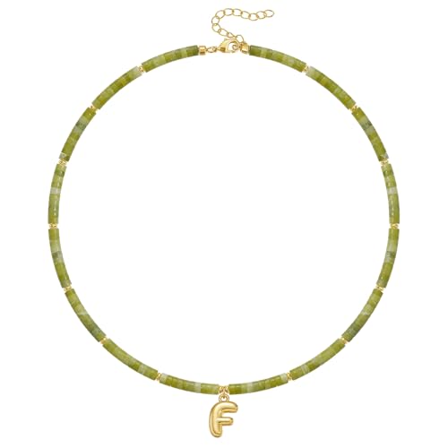 KELORIS PATH Beaded Initial Necklace for Women, 14K Gilded Plated Bubble Letter Pendant Natural Handmade Stone Choker Boho Colorful Summer Beach Jewelry Gift - color: Green Aventurine, style: Letter F