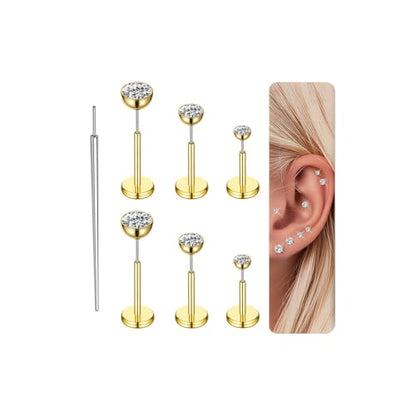Gotumo 16G 18G 20G Flat Back Earrings Stud Titanium Threadless Nose Rings Tragus Labret Cartilage Lip Medusa Conch Body Piercing Jewelry Hypoallergenic for Women Men - color: Gold, size: 20G Bar 5/6/7mm & CZ 2/3/4mm