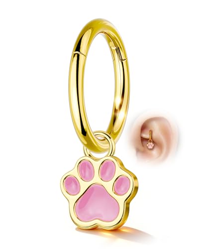 18K Gold Plated Rook Piercing Jewelry, 16G Clicker Rook Helix Earrings, Cute Cat Paw Upper Helix Lobe Piercing Stainless Steel 6/8MM - color: Style-1-6mm