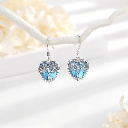 AEONSLOVE Tree of Life Crystal Earrings with Sterling Silver Ear Hooks, Dangle Drop Tree Earrings Gifts for Women - style: A01-Turquoise-Heart