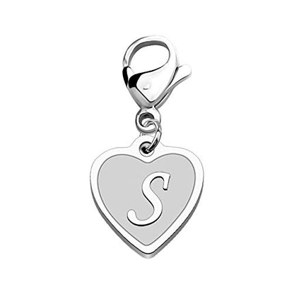 FAADBUK Initial Letter A-Z Alphabet Heart Charms for Jewelry Bracelet Keychain Necklace Initial Stainless steel Clasp Clip on Charm - color: intial S