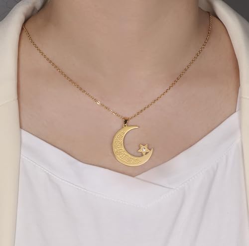 Islamic Ayatul Kursi Necklace Muslim Crescent Moon and Star Pendant Arabic Calligraphy Allah Amulet Religious Jewelry Eid Ramadan Gift for Women Men - color: gold