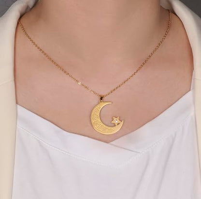 Islamic Ayatul Kursi Necklace Muslim Crescent Moon and Star Pendant Arabic Calligraphy Allah Amulet Religious Jewelry Eid Ramadan Gift for Women Men - color: gold