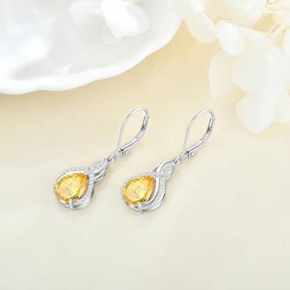 925 Sterling Silver Infinity Teardrop Earrings for Women | Lwsary Dangle Drop Leverback Earrings, Pear Shaped Birthstone Jewelry for Her - color: Yellow