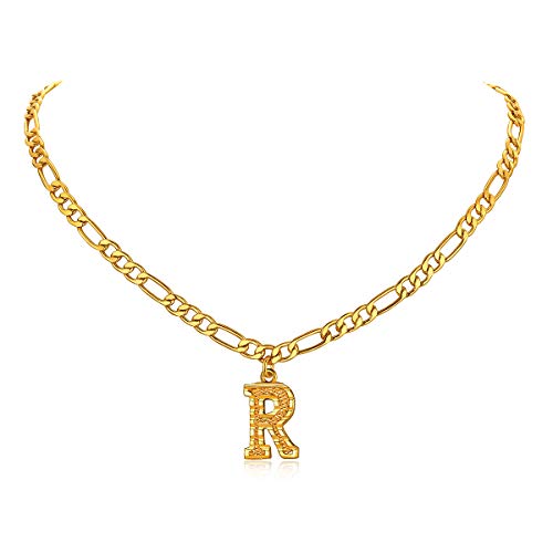 14K Gold Plated Initial Necklaces for Women Men A-Z Letter Necklaces | Figaro Chain, 16"+2" Adjustable Length, with Gift Box - style: R