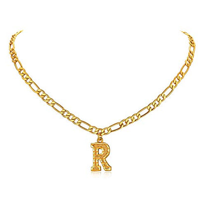 14K Gold Plated Initial Necklaces for Women Men A-Z Letter Necklaces | Figaro Chain, 16"+2" Adjustable Length, with Gift Box - style: R