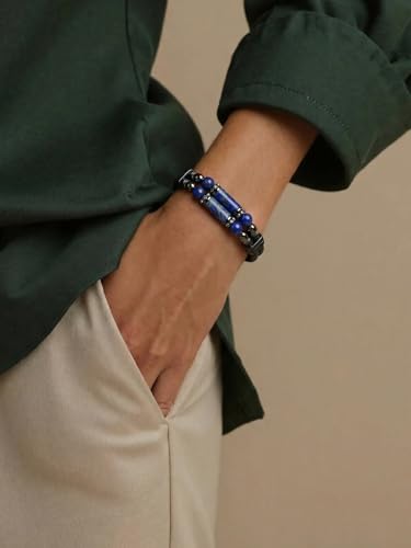 Mens Leather Turquoise/Tiger Eye/Obsidian/Lava Stone Bracelet–Braided Multi‑Layer Wristband Cuff Bangle Barcelet–Jewelry Box and Pouch Packing - color: Lapis Lazuli, size: 8.3in(Fits most wrists)