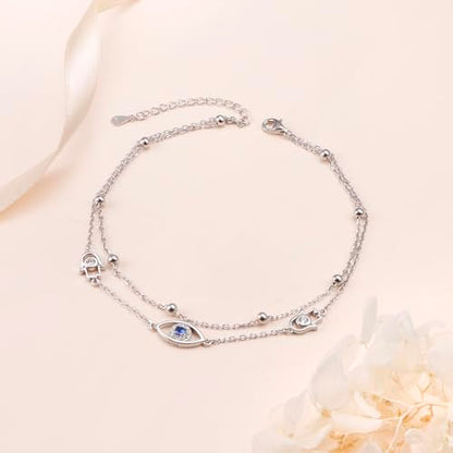 Anklets for Women 925 Sterling Silver Blue Evil Eye Infinity Butterfly Adjustable Multilayer Layered Summer Beach Ankle Bracelet Foot Chain Jewelry for Women - style: G-Evil Eye 2