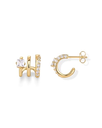 PAVOI 14K Gold Plated Cubic Zirconia Segment Triple Hoop Earrings for Women | Hypoallergenic Earrings with 925 Sterling Silver Posts, Statement Triple Hoop Stud Earrings - color: Yellow Gold