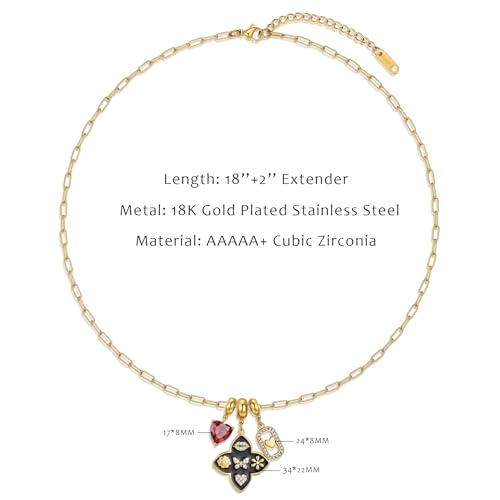 NUZON Multi-Charm Necklace for Women, 18K Gold Plated Stainless Steel Lucky Clover & Daisy Heart Pendant Necklace, NON Tarnish Sliding Charm Necklace Layering Jewelry, Meaningful Gift for Her 18’’ - color: Lucky Clover