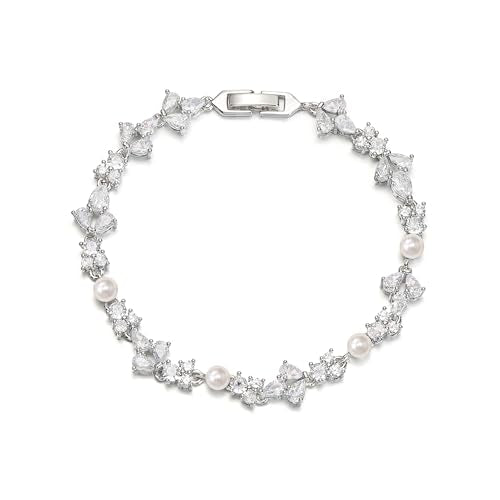 EVER FAITH Cubic Zirconia Pearl Bridal Prom Tennis Bracelet for Women | Elegant Pear CZ Wedding Jewelry Gift, for Bride Bridesmaid - style: Floral_Silver-Plated-Brass