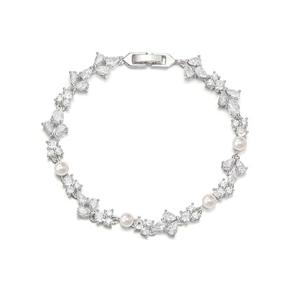 EVER FAITH Cubic Zirconia Pearl Bridal Prom Tennis Bracelet for Women | Elegant Pear CZ Wedding Jewelry Gift, for Bride Bridesmaid - style: Floral_Silver-Plated-Brass