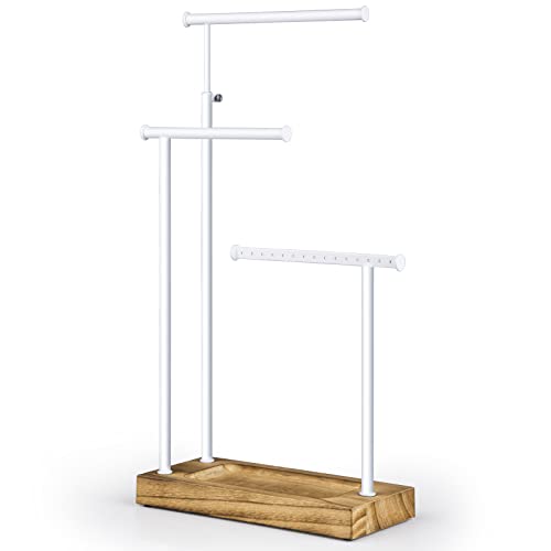 SRIWATANA Jewelry Organizer, Necklace Stand, Carbonized Black & White | 3-Tier Necklace Organizer with Wood Tray Base; Ample Storage for Long Necklaces, Earrings with Holes, and Rings - color: carbonized black and white