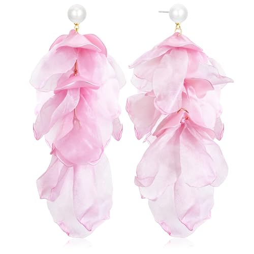 Handmade Bohemian Lightweight Fabric Flower Dangle Drop Earrings Chic Pearl Large Tassel Petal Stud Earrings For Women - color: Pearl Pink