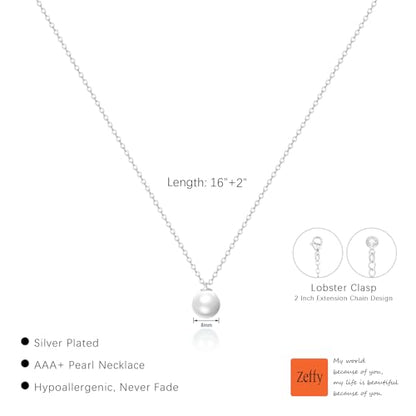 Zeffy Gold Pearl Necklace for Women, Dainty 14K Gold/Silve Plated Layered Pearl Choker Pearl Earrings Pearl Bracelets Wedding Trendy Gold Jewelry Set for Women Gifts - style: Silver Single Pearl Necklace-1PCS