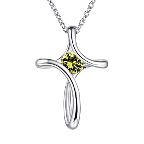 Cross Necklace for Women 925 Sterling Silver Birthstone Necklace for Women | Silver Necklaces with Diamond Sideways Birthstone Jewelry Gifts for Women 45+3cm Adjustable Chain - color: 08-Aug-Peridot