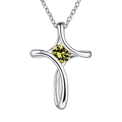 Cross Necklace for Women 925 Sterling Silver Birthstone Necklace for Women | Silver Necklaces with Diamond Sideways Birthstone Jewelry Gifts for Women 45+3cm Adjustable Chain - color: 08-Aug-Peridot