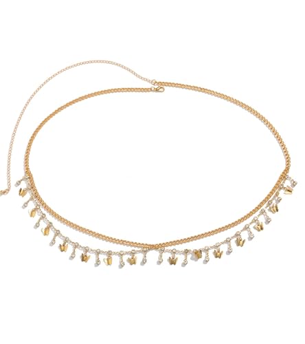 Gold Chain Belt - Fashion Waist Chain Belt with Moon, Butterfly Rhinestone & Layered Design - color: E2-Layered rhinestone butterfly-gold