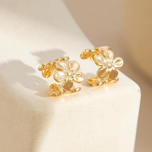 Exquisite C Shape Flower Ear Clips Fashionable 18K Gold Plated Bloom Cuff Earrings Non Pierced Ear Cartilage Clip on Wrap Hoop Fake Earrings for Women Jewelry Gifts