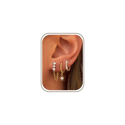 3 Pairs Dangle Hoop Chain Earrings Stacks for Women Trendy Huggie Earring | Non-Tarnish 5A CZ Stones Hoops Earrings Set for Multiple Piercing - style: 14K Gold Plated-Dangle Star Set