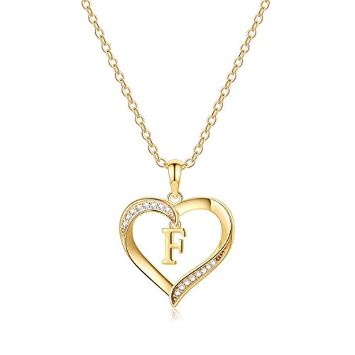 Yesteel Heart Initial Necklaces for Women, 14K Gold Plated Cubic Zirconia Heart Pendant Necklace, Dainty Initial Charm Necklace Letter A to Z Jewelry for Women Girls - style: F