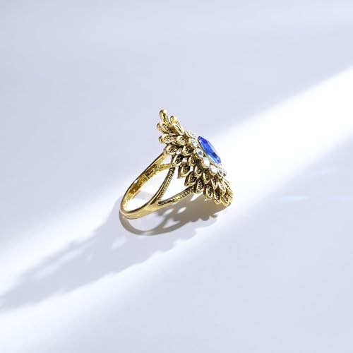 Boho Retro Rhinestone Ring Ethnic Big Flower Crystal Finger Ring Trendy Statement Tribal Indian Dance Costume Ring Jewelry for Women - color: Gold-blue