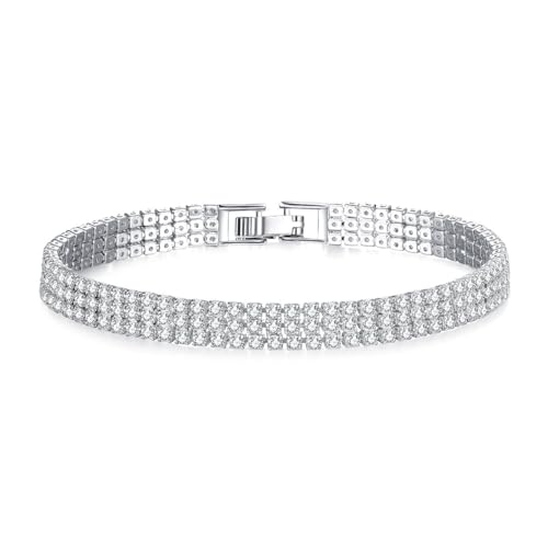 Gold Tennis Bracelets for Women 3-Row Rhinestone Stackable Bangle Bling Zirconia Crystal Silver Chain Dainty Cuff Flexible Fashion Jewelry for Wife Anniversary Mom Her Birthday Gifts - color: Silver