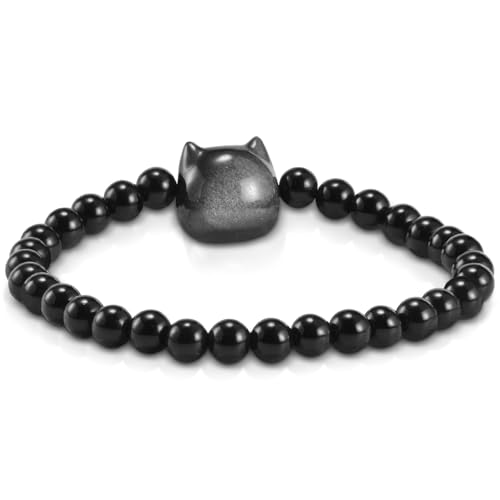 Agate Round Beaded Bracelet for Women Men Natural Agates Stone Healing Bracelets Stretch Elastic Handmade Polished Gemstone Beads Bracelet - color: Cat Black Obsidian, size: 6mm Beads
